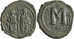 Justin II, with Sophia, 565-578. Follis (Bronze, 32 mm, 14.13 g, 5 h), Theoupolis (Antiochia), RY 7 = 571/2. VNTIIOPΔPTSЧL Justin II, holding scepter ...