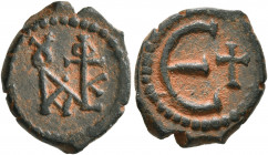 Justin II, 565-578. Pentanummium (Bronze, 15 mm, 1.90 g, 5 h), Theoupolis (Antiochia). Monogram of Justin II. Rev. Large Є; in field to right, cross. ...