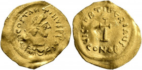 Tiberius II Constantine, 578-582. Tremissis (Gold, 18 mm, 1.48 g, 6 h), Constantinopolis. δ m COSTANTINVS P P AG Pearl-diademed, draped and cuirassed ...