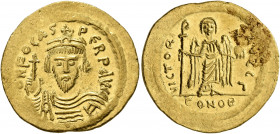 Phocas, 602-610. Solidus (Gold, 22 mm, 4.50 g, 7 h), Constantinopolis, 603-607. O N FOCAS PERP AVI Draped and cuirassed bust of Phocas facing, wearing...