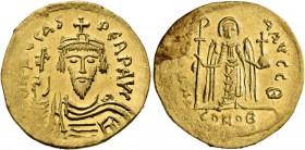 Phocas, 602-610. Solidus (Gold, 21 mm, 4.46 g, 7 h), Constantinopoli, 603-607. O N FOCAS PERP AVI Draped and cuirassed bust of Phocas facing, wearing ...