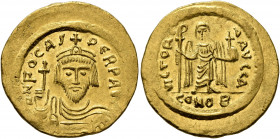 Phocas, 602-610. Solidus (Gold, 21 mm, 4.46 g, 7 h), Constantinopolis, 603-607. O N FOCAS PERP AVI Draped and cuirassed bust of Phocas facing, wearing...