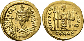 Phocas, 602-610. Solidus (Gold, 21 mm, 4.39 g, 7 h), Constantinopolis, 607-610. δ N FOCAS PERP AVI Draped and cuirassed bust of Phocas facing, wearing...