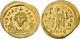 Phocas, 602-610. Solidus (Gold, 22 mm, 4.50 g, 7 h), Constantinopolis, 607-610. δ N FOCAS PERP AVI Draped and cuirassed bust of Phocas facing, wearing...