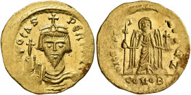 Phocas, 602-610. Solidus (Gold, 21 mm, 4.50 g, 7 h), Constantinopolis, 607-610. δ N FOCAS PERP AVI Draped and cuirassed bust of Phocas facing, wearing...