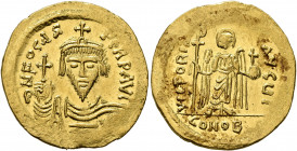 Phocas, 602-610. Solidus (Gold, 22 mm, 4.50 g, 7 h), Constantinopolis, 607-610. δ N FOCAS PERP AVI Draped and cuirassed bust of Phocas facing, wearing...