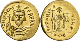 Phocas, 602-610. Solidus (Gold, 20 mm, 4.51 g, 7 h), Constantinopolis, 607-610. δ N FOCAS PERP AVI Draped and cuirassed bust of Phocas facing, wearing...