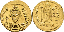 Phocas, 602-610. Solidus (Gold, 21 mm, 4.35 g, 7 h), Constantinopolis, 607-610. δ N FOCAS PЄRP AVI Draped and cuirassed bust of Phocas facing, wearing...