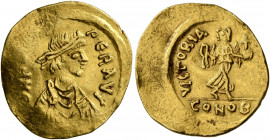 Phocas, 602-610. Semissis (Gold, 18 mm, 2.19 g, 6 h), Constantinopolis, 607-610. δ N FOCAS PЄR AVG Pearl-diademed, draped and cuirassed bust of Phocas...