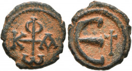 Phocas, 602-610. Pentanummium (Bronze, 13 mm, 1.35 g, 6 h), Antiochia. Monogram of Phocas. Rev. Large Є; above, cross. DOC -. MIB 89. SB 676A. Rare an...