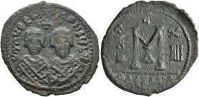 Revolt of the Heraclii, 608-610. Follis (Bronze, 31 mm, 8.85 g, 7 h), Alexandretta or Alexandria, IY 13 = AD 609. δm N ЄRACLIO CONSULII Bare-headed an...