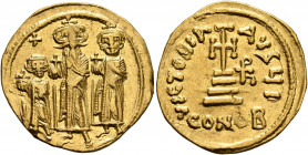 Heraclius, with Heraclius Constantine and Heraclonas, 610-641. Solidus (Gold, 23 mm, 4.45 g, 7 h), Constantinopolis, 635/6 (?). Heraclius and Heracliu...