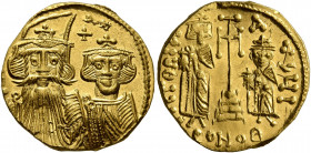 Constans II, with Constantine IV, Heraclius, and Tiberius, 641-668. Solidus (Gold, 19 mm, 4.52 g, 6 h), Constantinopolis, circa 659-661. Facing bust o...