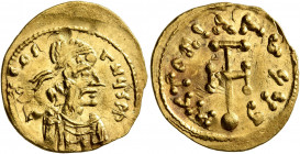 Constans II, 641-668. Semissis (Gold, 19 mm, 2.20 g, 7 h), Constantinopolis. δ N COSANЧS P P Diademed, draped and cuirassed bust of Constans II to rig...