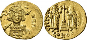 Constantine IV Pogonatus, 668-685. Solidus (Gold, 19 mm, 4.44 g, 6 h), Constantinopolis, 668-673. δ N CONSANЧS P P Diademed, helmeted and cuirassed bu...