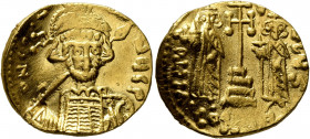 Constantine IV Pogonatus, with Heraclius and Tiberius, 668-685. Solidus (Gold, 18 mm, 4.42 g, 7 h), Constantinopolis, 668-673. δ N CONSANЧS P P Diadem...