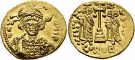 Constantine IV Pogonatus, with Heraclius and Tiberius, 668-685. Solidus (Gold, 20 mm, 4.50 g, 6 h), Constantinopolis, 668-673. δ N CANЧS P Diademed, h...