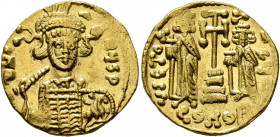 Constantine IV Pogonatus, with Heraclius and Tiberius, 668-685. Solidus (Gold, 19 mm, 4.50 g, 6 h), Constantinopolis, 668-673. δ N CANЧS P Diademed, h...