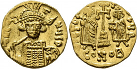 Constantine IV Pogonatus, with Heraclius and Tiberius, 668-685. Solidus (Gold, 19 mm, 4.43 g, 6 h), Constantinopolis, 668-673. δ N CTNЧS P Diademed, h...