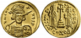 Constantine IV Pogonatus, with Heraclius and Tiberius, 668-685. Solidus (Gold, 20 mm, 4.47 g, 6 h), Constantinopolis, 668-673. δ N CONANЧS P Diademed,...