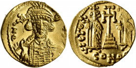 Constantine IV Pogonatus, with Heraclius and Tiberius, 668-685. Solidus (Gold, 18 mm, 4.47 g, 6 h), Constantinopolis, 668-673. δ N ONЧS P Diademed, he...