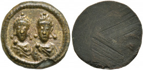 Honorius, with Theodosius II, 395-423. Weight of 1 Semissis (Bronze, 15 mm, 2.13 g), 408-423. Crowned, diademed and draped facing busts of Honorius, o...