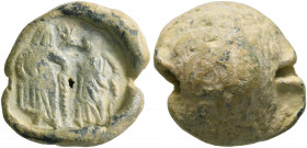 ROMAN. Circa 3rd century. Seal (Lead, 15 mm, 5.21 g). Asklepios, on the left, standing facing , leaning right on serpent-entwined staff; on the right,...