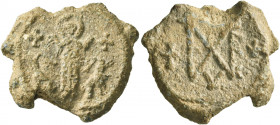 Abramios, patrikios (?). Seal (Lead, 27 mm, 10.82 g, 12 h), 6th-7th century. The martyrdom of Saint Thekla: female figure standing facing, nimbate, ra...