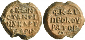 Konstantinos, chartoularios and prokourator, 7th century. Seal (Lead, 22 mm, 11.36 g, 12 h). +KⲰN/CTANTI/N૪ XAPT/૪ΛAPI૪ in four lines. Rev. +KAI / ΠPO...