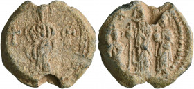 Heraclius (610-641), with Heraclius Constantine and Heraclonas, 638-641. Seal (Lead, 26 mm, 13.00 g, 12 h). The Mother of God standing facing, holding...
