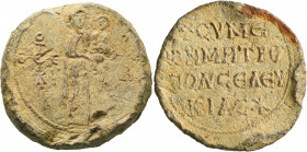 Symeon, metropolitan bishop of Seleukeia, 787-815 (period of iconodule restoration). Seal (Lead, 36 mm, 34.45 g, 12 h). Cruciform monogram ΘЄOTOKЄ and...