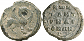 Konstantinos, horreiarios of Pegai, 10th century. Seal (Lead, 23 mm, 9.88 g, 12 h). Griffin standing right. Rev. KⲰN/CTANT, / ⲰPHAP, / TON ΠH/Γ' in fo...