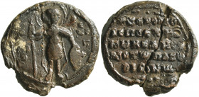 Aspietes Pakourianos, protonobellisimos, late 11th-early 12th century. Seal (Lead, 27 mm, 12.79 g, 6 h). O AΓIOC ΓEⲰPΓIOC Saint George, standing facin...