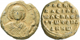 Basileios Tzamandenos, protospatharios, middle 11th century. Seal (Lead, 26 mm, 20.13 g, 11 h). [ MHP - ΘV] The Mother of God “Blachernitissa”, nimbat...