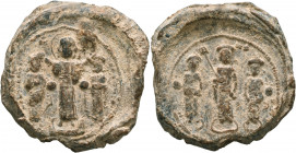 Romanus IV Diogenes, with Eudocia, Michael VII, Constantius, and Andronicus, 1068-1071. Seal (Lead, 36 mm, 41.65 g, 12 h). [+PⲰMAN S] - IC - [XC - ЄVΔ...