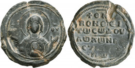 Konstantinos Opos, vestes, circa 3rd quarter 11th century. Seal (Lead, 29 mm, 17.44 g, 12 h). MHP ΘV Nimbate Mother of God “Episkepsis”, raising both ...