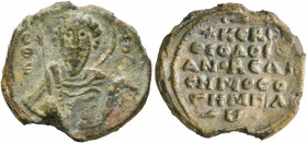 Theodoros Tzimplos, protonobellisimos, 11th century. Seal (Lead, 20 mm, 5.38 g, 11 h). Θ / Θ/Є-Δ/O/P Nimbate facing bust of Saint Theodore, holding a ...