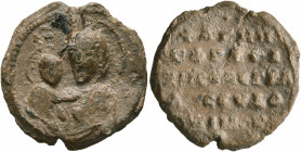 Eudokimos, 11th century. Seal (Lead, 21 mm, 6.72 g, 12 h). MHP ΘV

 The Mother of God, nimbate, wearing chiton and maphorion, pointing with her right ...