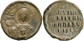Konstantinos, judge of Cappadocia, 12th century. Seal (Lead, 28 mm, 18.64 g, 12 h). +CON KPITHN...; MHP - [ΘV] Nimbate Mother of God “Episkepsis”, rai...