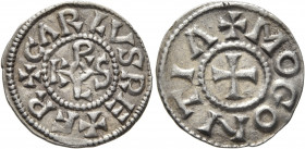 CAROLINGIANS. Charlemagne (Charles the Great), as Charles I, king of the Franks, 768-814. Denier (Silver, 20 mm, 1.75 g, 3 h), Mogontiacum (Mainz), ci...