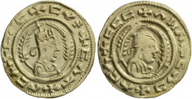 AXUM. Ebana, circa 450. 'Tremissis' (Gold, 17 mm, 1.61 g, 11 h). +CΛC+CVϞ+CΛΧ+ΛCΛ Draped bust of Ebana to right, wearing tiara and holding spear in hi...