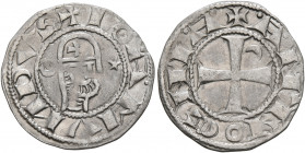 CRUSADERS. Antioch. Bohémond III, 1163-1201. Denier (Silver, 17 mm, 0.93 g, 8 h). ✠BOAMV NDVS Bearded head of a knight to right, wearing helmet decora...