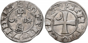CRUSADERS. Antioch. Bohémond III, 1163-1201. Denier (Silver, 17 mm, 0.93 g, 7 h), circa 1163-1188. ✠BOAHVHDVS Bearded head of a knight to right, weari...