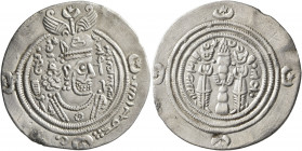 ISLAMIC, Umayyad Caliphate. temp. 'Abd al-Malik ibn Marwan, AH 65-86 / AD 685-705. Drachm (Silver, 28 mm, 2.86 g, 9 h), Arab-Sasanian type, citing gov...