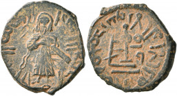 ISLAMIC, Umayyad Caliphate. temp. 'Abd al-Malik ibn Marwan, AH 65-86 / AD 685-705. Fals (Bronze, 19 mm, 3.57 g, 7 h), 'Standing Caliph' type, Halab, A...
