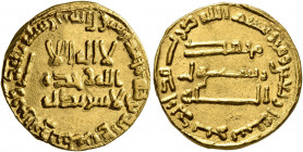 ISLAMIC, 'Abbasid Caliphate. temp. Al-Mansur, AH 136-158 / AD 754-775. Dinar (Gold, 19 mm, 4.27 g, 5 h), without mint, AH 140 = AD 757/8. Bernardi 51....