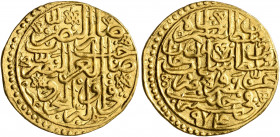 ISLAMIC, Ottoman Empire. Salim II, AH 974-982 / AD 1566-1574. Sultani (Gold, 19 mm, 3.43 g, 6 h), Halab, AH 974 = AD 1566. Pere 235 var. (differing ar...