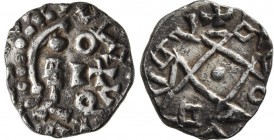 MEROVINGIANS. Rouen. Circa 700-725. Denier (Silver, 13 mm, 1.22 g), 'au buste et croix grecque'. Stylized male head to right, the hair devolved into a...