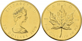 CANADA. Elizabeth II, 1952-present. 50 Dollars (Gold, 30 mm, 31.20 g, 12 h), Maple Leaf, 1979. Friedberg B1. KM 125.1. A few light marks, otherwise, e...