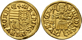 HUNGARY. Matthias I Corvinus, 1458-1490. Gulden (Gold, 21 mm, 3.52 g, 3 h), Nagybanya, circa 1470. MATҺIAS•D•G•R•VNGARIЄ Coat of arms. Rev. S•LADISLAV...